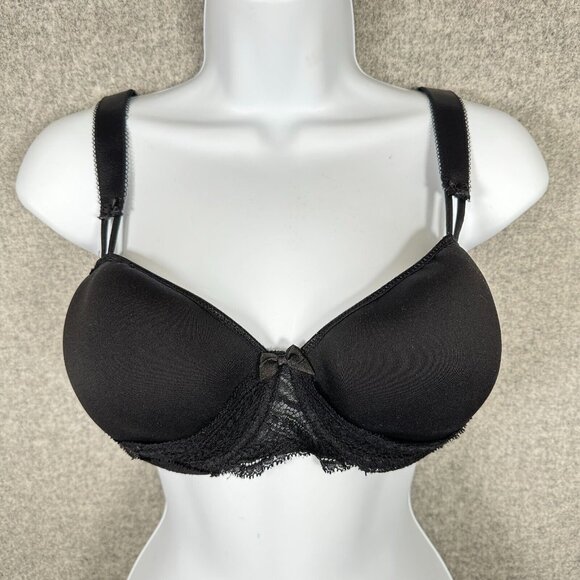 Simone Perele 34F Bra Underwired Black Smooth Floral Mesh Bow Adjustable Straps - Picture 1 of 16
